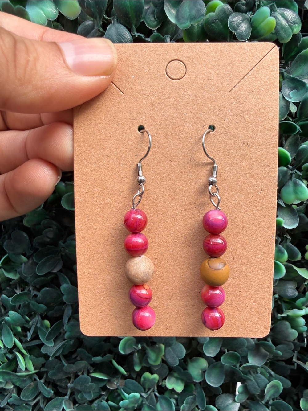 Handmade Pink Bead Drop Earrings with Accent Natural Stone Beads